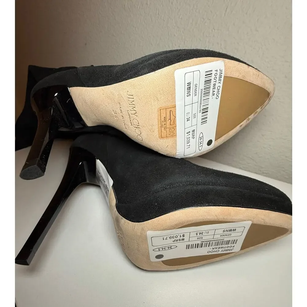 NWT Jimmy Choo Suede Over The Knee Heeled Boots Black Womens Size 34-34.5 / US 4